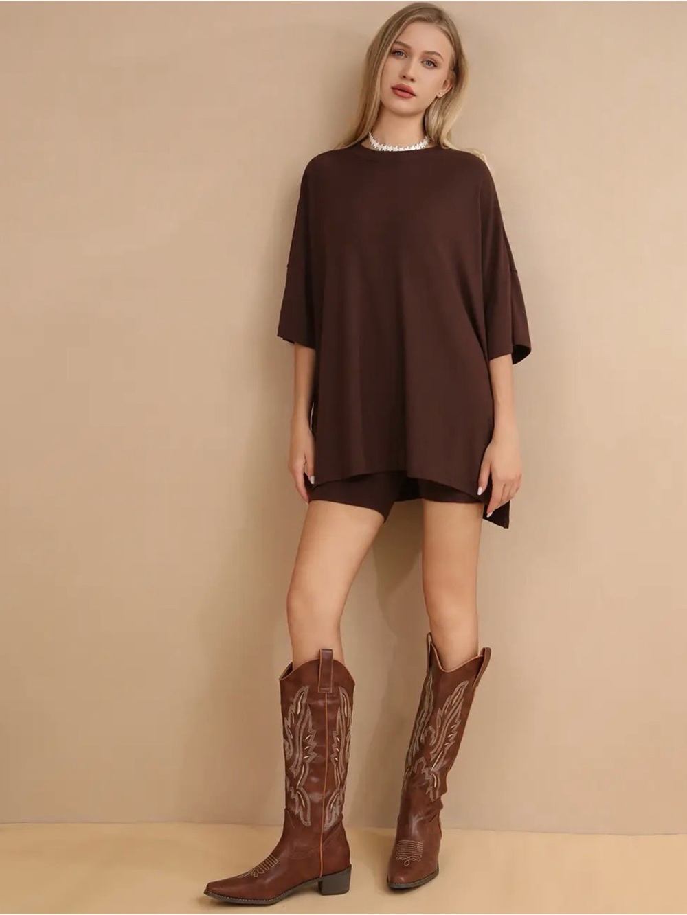 Ladies Loose Oversized Top and Shorts 2PCS Casual Tee Set Brown size Large